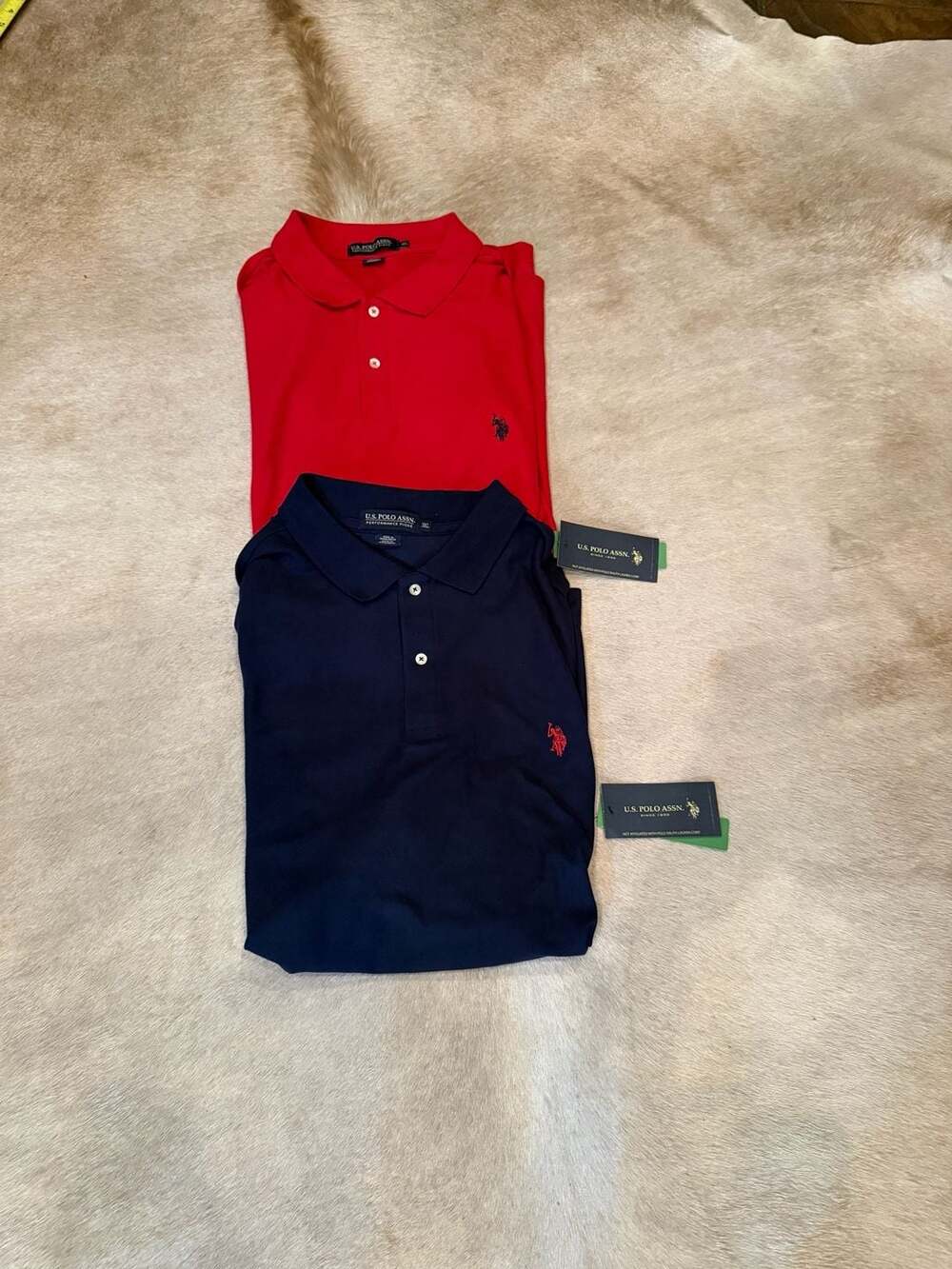 NWT Lot of 2 U.S. Polo Assn. Performance Pique Polo Shirts Red & Navy Blue Size